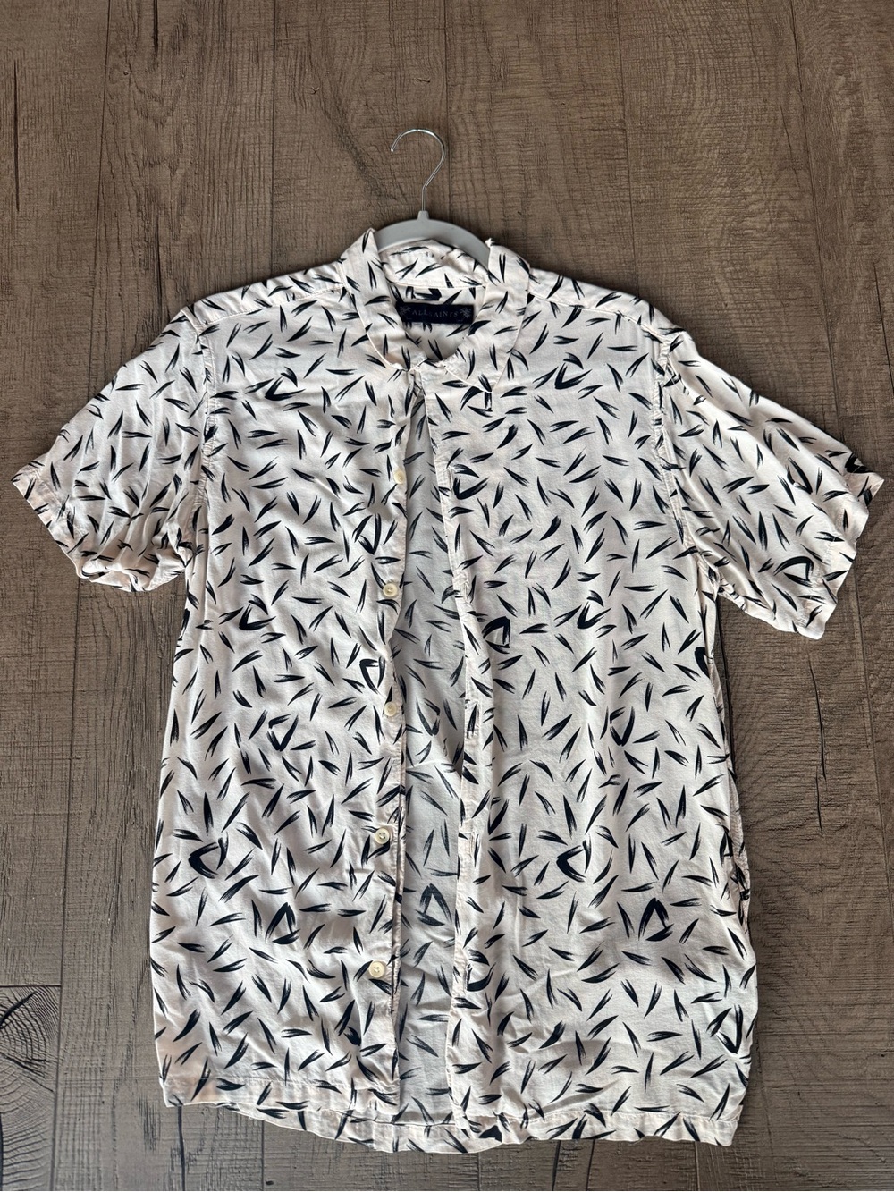 All Saints Cream Short-Sleeve Button-Down with Navy Leaf Print